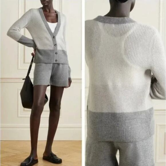 ATM Cashmere Cardigan Sweater Gray Striped Size L NWT - Picture 1 of 5